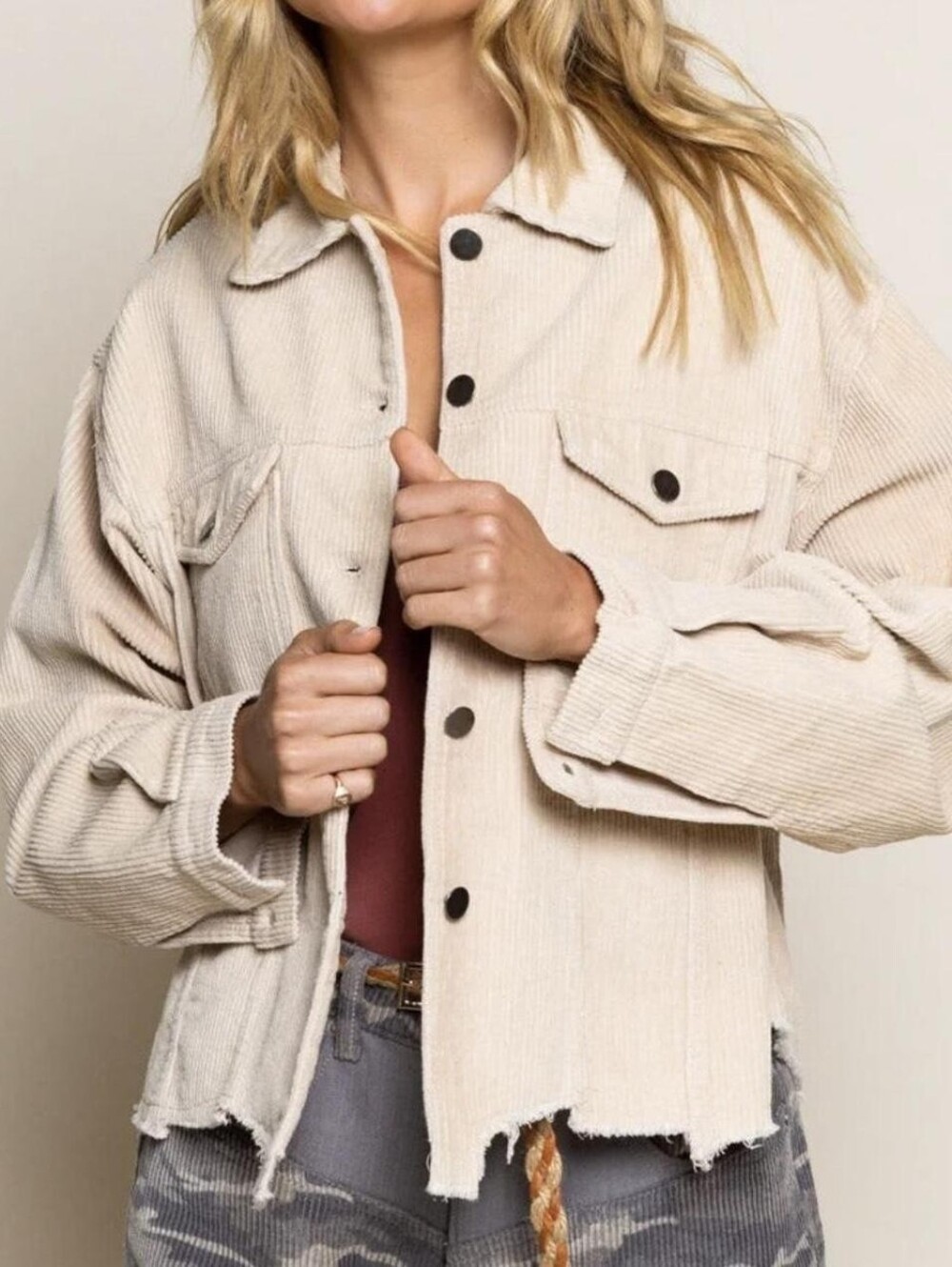 Pol Clothing - Pocket front button down distressed hem corduroy jacket M